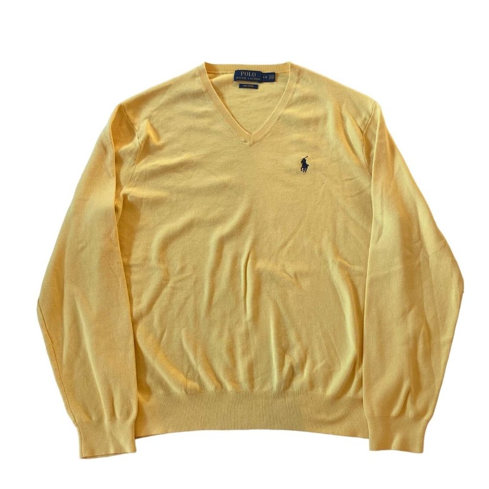Ralph Lauren Sweater Mens Large Yellow V Neck Long Sleeve Pima Cotton Preppy